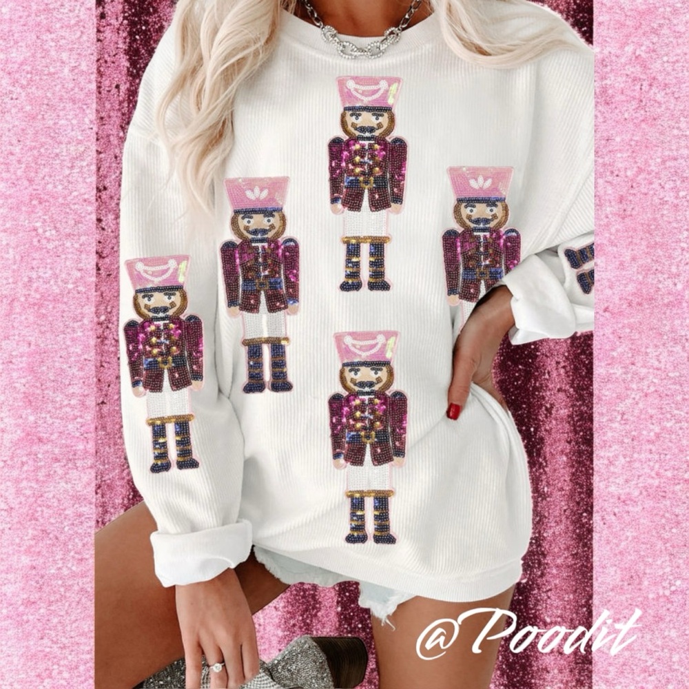 White corded sequin soldier holiday top S M L XL 2XL - Picture 3 of 9